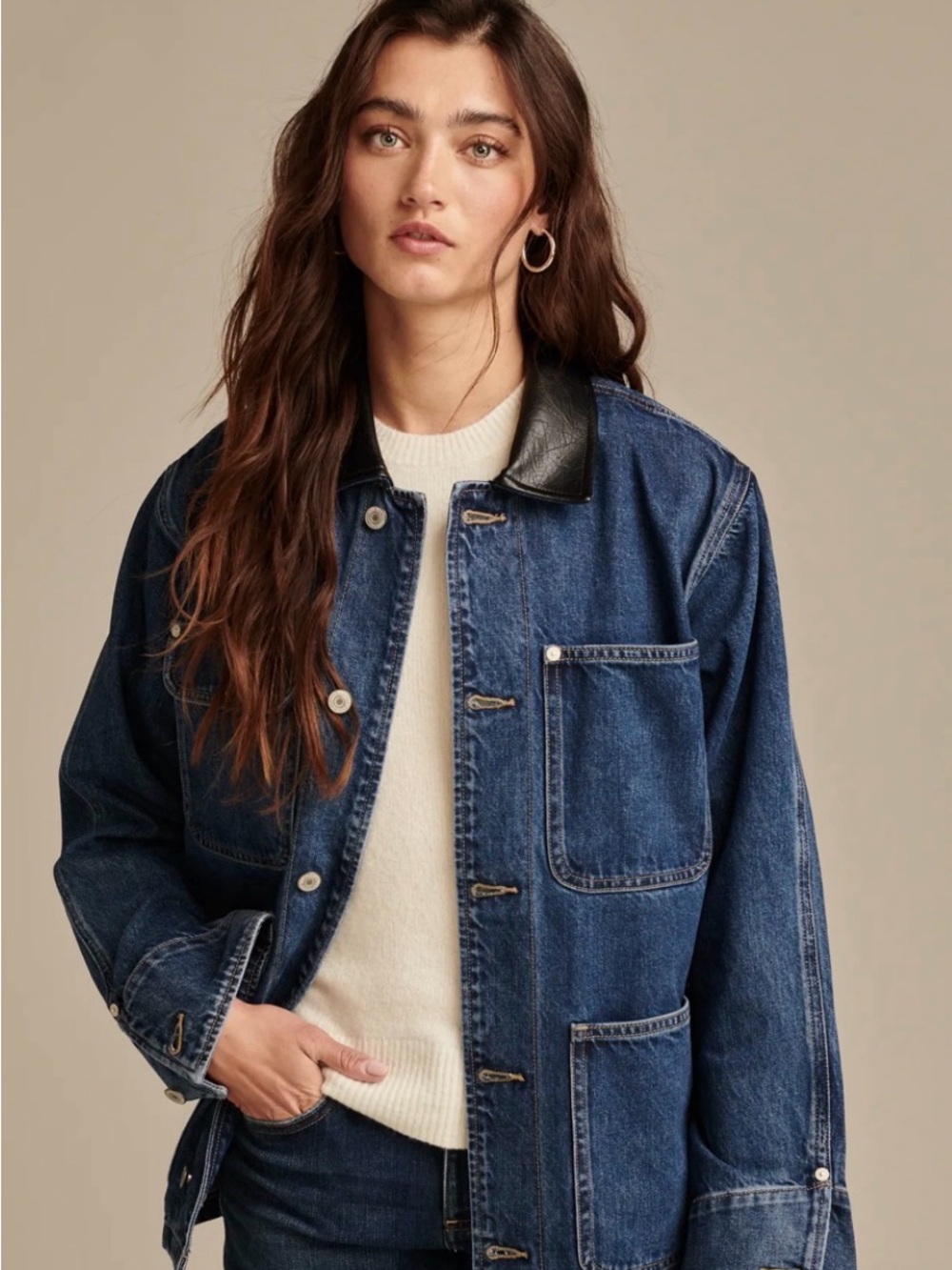 Lucky Brand Dark Blue Denim Jacket with Black Collar - Women's Casual Coat
